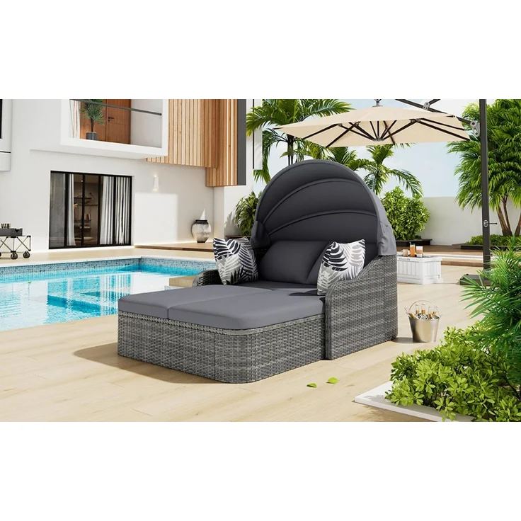 BBWL Doppelliege mit verstellbarem Baldachin, Outdoor Daybed mit Kissen für Garten Pool, Sonneninsel Gartenlounge PE-Rattan Doppel Sonnenliege – Bild 4