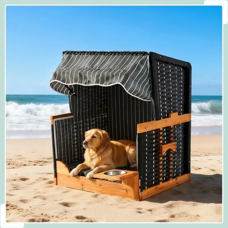 Hundestrandkorb Holz & Rattan inkl. Napf 10053176_469 – Bild 3