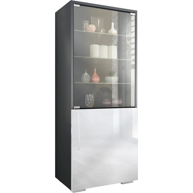 Vladon Standvitrine Granada (Vitrinenschrank, mit Glastür und Glaseinsatz) Anthrazit matt/Weiß Hochglanz (50 x 122,5 x 34,5 cm) – Bild 1