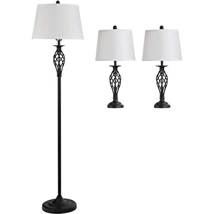 HOMCOM Stehlampe 3er-Lampenset 2 Tischlampe + 1 Stehlampe, Metall, PS, Polyester, Baumwolle, Vintage, Schwarz+Weiß