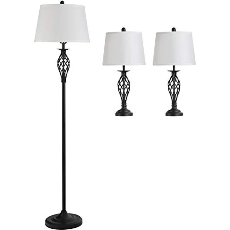 HOMCOM Stehlampe 3er-Lampenset 2 Tischlampe + 1 Stehlampe, Metall, PS, Polyester, Baumwolle, Vintage, Schwarz+Weiß – Bild 1