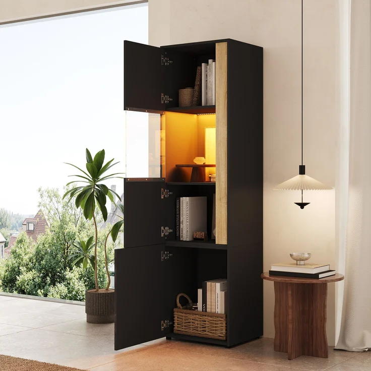 Vitrine, Aufbewahrungsmöbel, hoher Schrank mit LED-Beleuchtung, 2 Türen (eine davon aus Acryl). Geeignet für Wohnzimmer, Büros und Küchen. Schwarz+Natural. Maße: B50 x T40 x H179 cm. – Bild 2