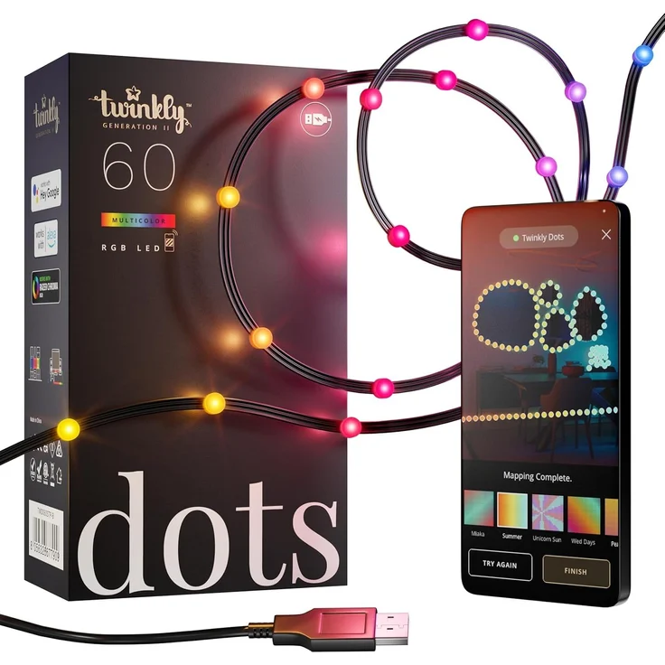 Twinkly Dots 3m, Mehrfarbiger und Flexibler LED-Streifen, Kompatibel mit Alexa und Google Home, Gaming-Lichter, Über 16 Mio. Farben, USB-betrieben, App-Steuerung, Schwarzes Kabel, 60 LEDs