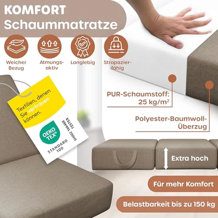 KESSER® Klappmatratze Gästematratze 3-fach Faltmatratze faltbar zum Sitzhocker | Schaumstoff 25kg/m³ extra dick 15cm atmungsaktiv waschbar abnehmbarer Bezug | Matratze inkl. Camping Tragetasche Taupe, 140 x 195 x 15 cm – Bild 6