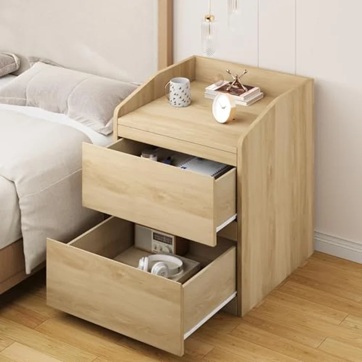 GarveeHome Nachttisch Mit 2 Schubladen, Moderner Beistelltisch, Nachttisch Aus Hellem Holz, Griffloses Design, Aufbewahrungsmöbel Für Das Schlafzimmer Und Das Wohnzimmer – Bild 2
