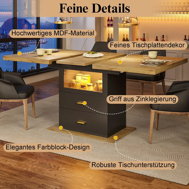 Ausziehbarer Esstisch mit LED-Beleuchtung 110/140x80x75 cm, Holzoptik, schwarzer Schrank & 2 Schubladen – Bild 8