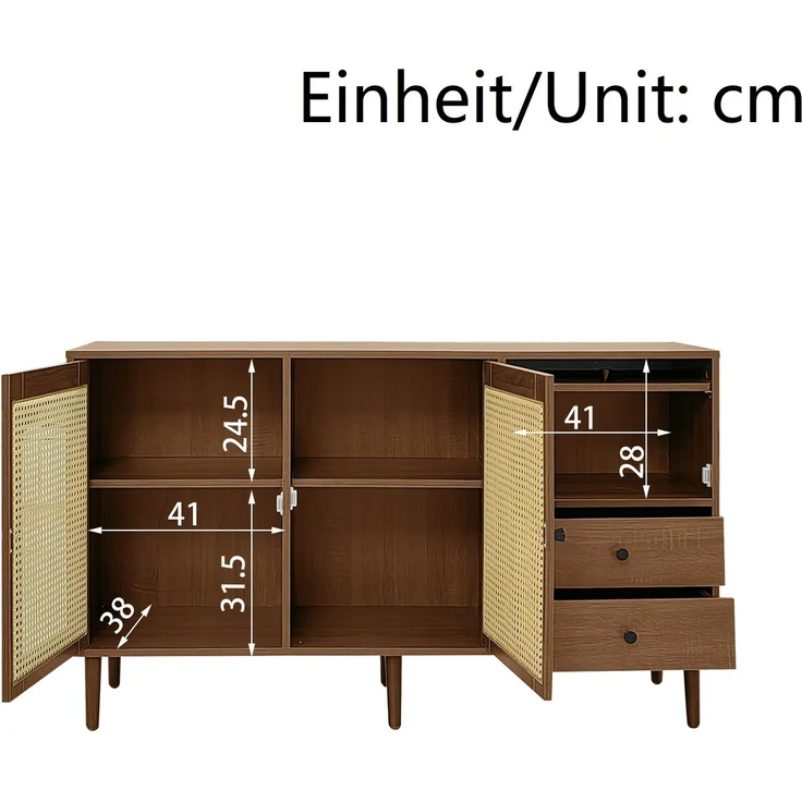Abrihome Sideboard im Landhausstil mit Rattantüren, Braun, 75x40x130 cm – Bild 8
