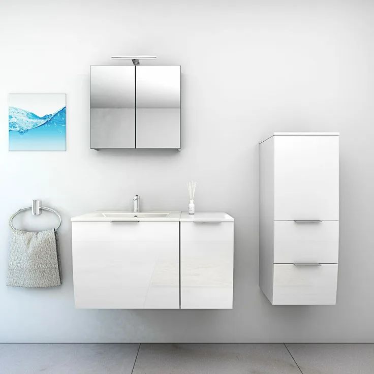 Badmöbel Set Gently 1 V2 R Weiß MDF Waschtisch 90cm mit 5W LED-Strahler