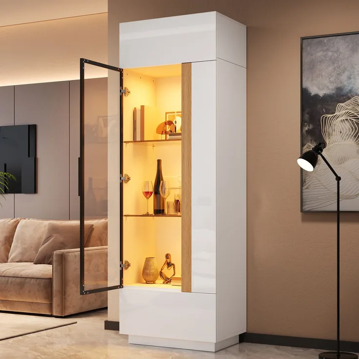 Vitrinenschrank 60x40x180 cm in Weiß, mit Glastür, App-LED und Hochglanzfronten
