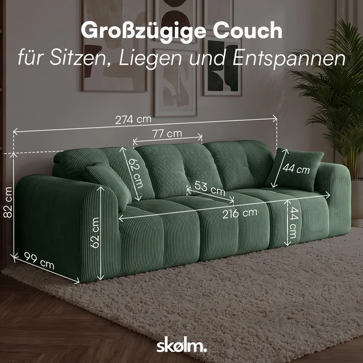 skølm 'Vanaheim' Sofa 3 Sitzer mit 2 Kissen, Cloud Sofa dunkelgrün, Cord, Vollschaumcouch mit Federkern und Vakuum-Kompression, kein Aufbau erforderlich – Bild 8