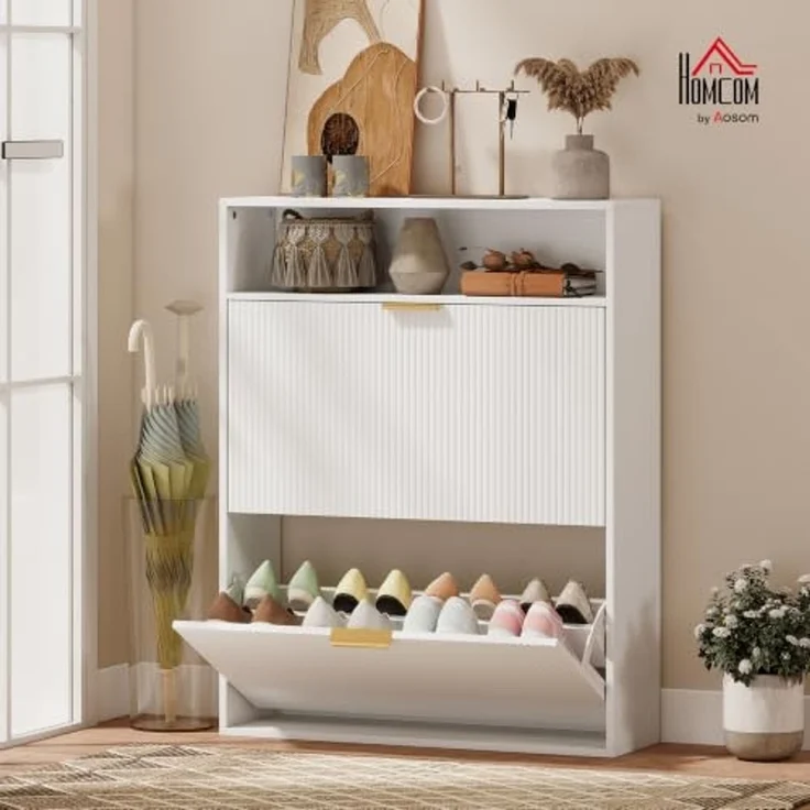 HOMCOM Schuhschrank mit 2 Klappen 2 Türen für 12-16 Paar 80x24x102,5cm Weiß | Schmal Schuhkipper, Ablagefläche, Schuhkommode, für Flur, Eingang – Bild 2