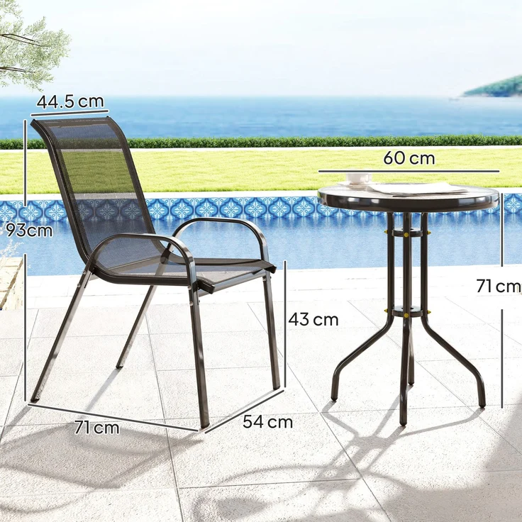 3-teiliges Gartenset mit 2 Gartenstühlen (54 x 71 x 93 cm) und einem runden Tisch (Ø 60 x 71 cm) aus schwarzem Stahl – Bild 5