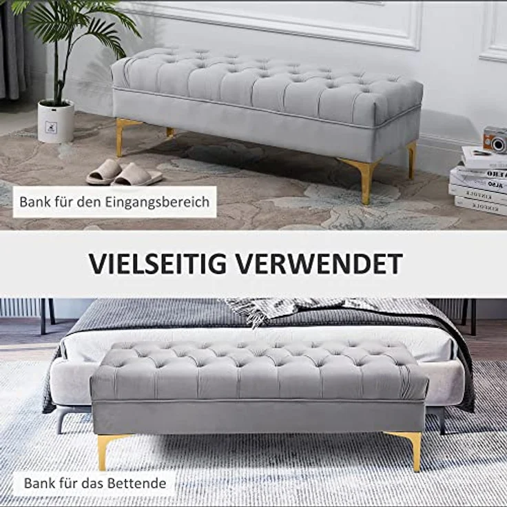 HOMCOM Polsterbank Schlafzimmerbank mit erhöhten Beine (Sitzottomane, 1-St, Sitzbank), Samt Hellgrau+Gold 118 x 45 x 42 cm – Bild 5
