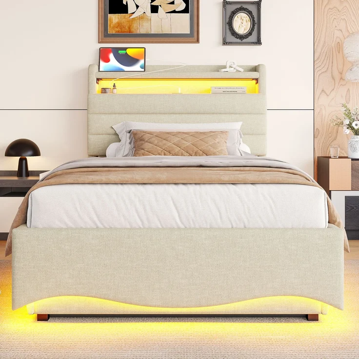 EINHOM Polsterbett, 90x200 cm, ohne Matratze, mit LED-Beleuchtung, mit Hydraulikmechanismus, mit USB- und Typ-C-Anschlüssen, Ablagefach, Ablagen für Gegenstände, Leinenstoff, Beige (Ohne Matratze) – Bild 5