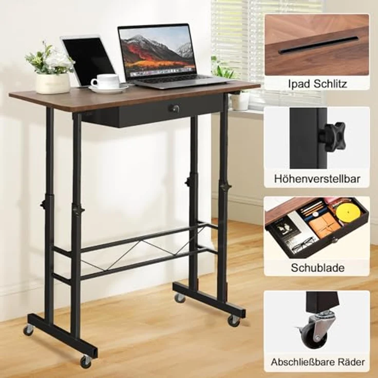 GTPLAYER Höhenverstellbarer Schreibtisch, Computertisch Laptoptisch mit Schubladen,Tisch höhenverstellbar 80 * 50*(73-115) cm, Standing Desk mit Rollen – Bild 5