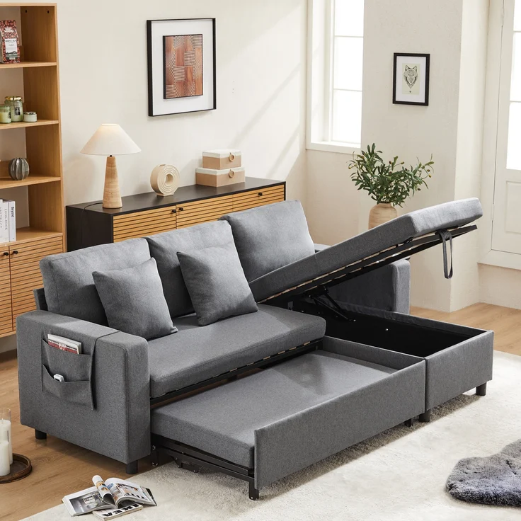 Multifunktions Sofa mit verstellbarer Chaiselongue & Staufach, Leinen, 219,5x142,5x83 cm, Dunkelgrau – Bild 4