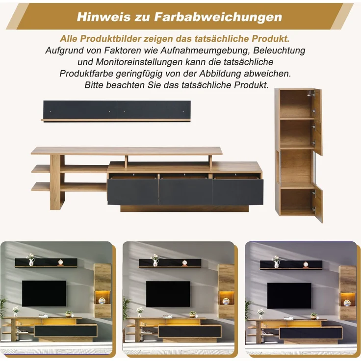 DESVIAE TV-Schrank-Set 3-tlg. mit LED-Beleuchtung und 3 Schubladen 180x40x45 cm MDF Naturholz/Schwarz – Bild 6