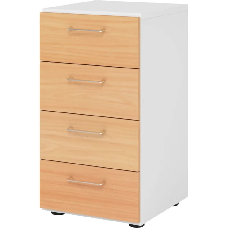 bümö smart Schubladenschrank, Büroschrank in Weiß/Buche mit 4 Schüben - Bürocontainer aus Holz, Container mit Metallgriffen & Soft-Stop Schubladen, 924S4-W-6-BS