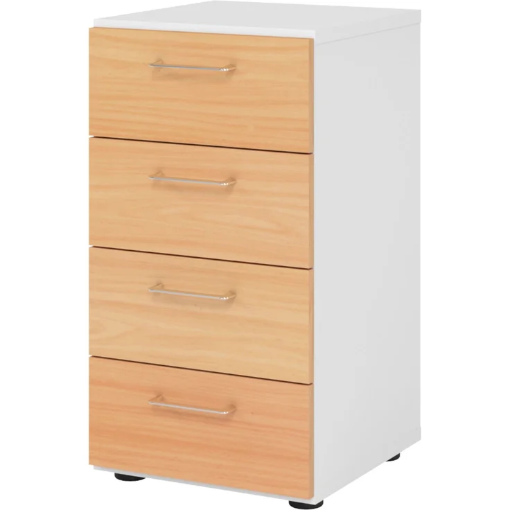bümö smart Schubladenschrank, Büroschrank in Weiß/Buche mit 4 Schüben - Bürocontainer aus Holz, Container mit Metallgriffen & Soft-Stop Schubladen, 924S4-W-6-BS – Bild 1