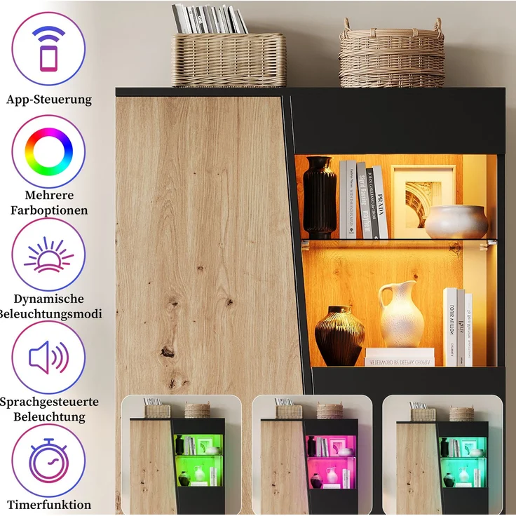 Vitrinenschrank 80 x 35 x 139,5 cm mit Bluetooth-LED und verstellbarem Glasboden – Bild 9