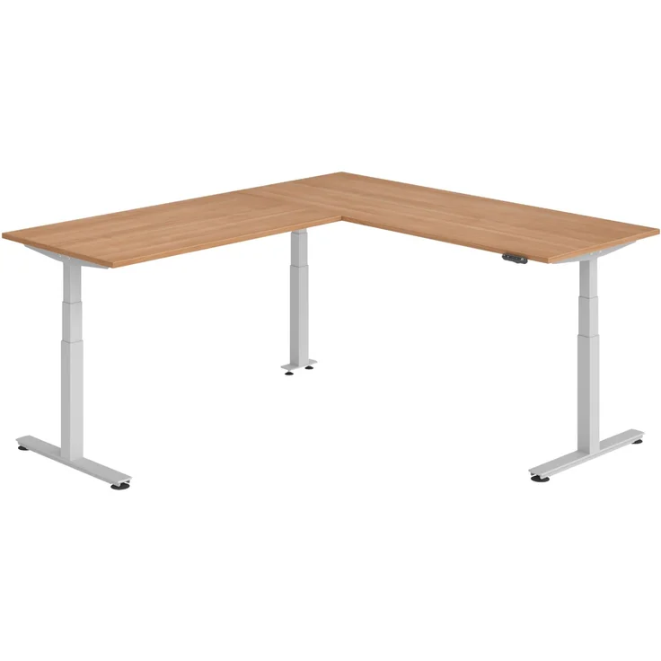 bümö Eckschreibtisch elektrisch höhenverstellbar L-Form: 200 x 240 cm in Nussbaum, Gestell silber - Stehschreibtisch mit Memory-Steuerung, elektrischer XXL Schreibtisch für die Ecke, XDSMW-2016-N-S – Bild 1