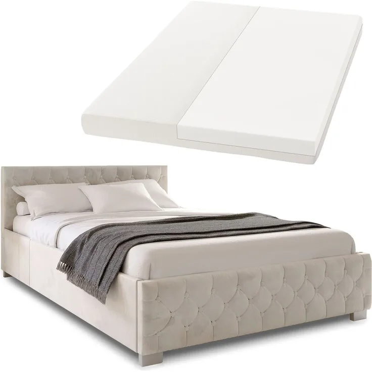 Juskys 'Nizza' Polsterbett mit Lattenrost, Bettkasten & LED Beleuchtung, Chesterfield-Steppung, Samtbezug, Beige, 120x200 cm, mit Matratze