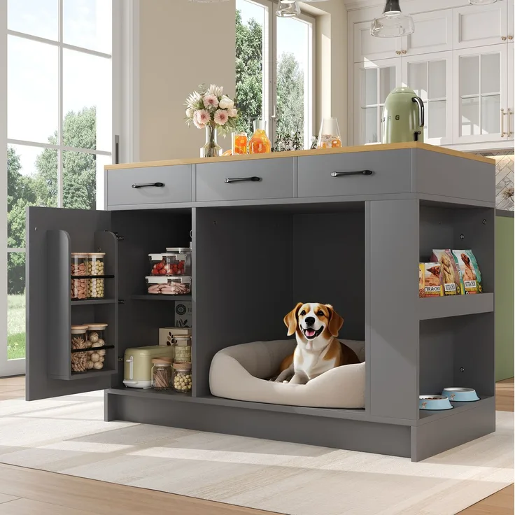 Servierwagen 120 x 60 x 90 cm mit 3 Schubladen, Gewürzablage, verstellbarem Regalboden und Haustierbereich