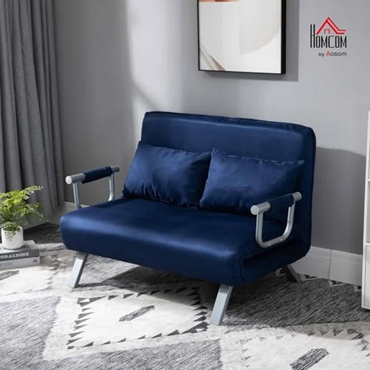 HOMCOM Schlafsofa 2er-Sofa mit Schlaffunktion, Verstellbarer Rückenlehne, Kissen, Couch 1 Teile, für Wohnzimmer, Schlafzimmer, Blau – Bild 3