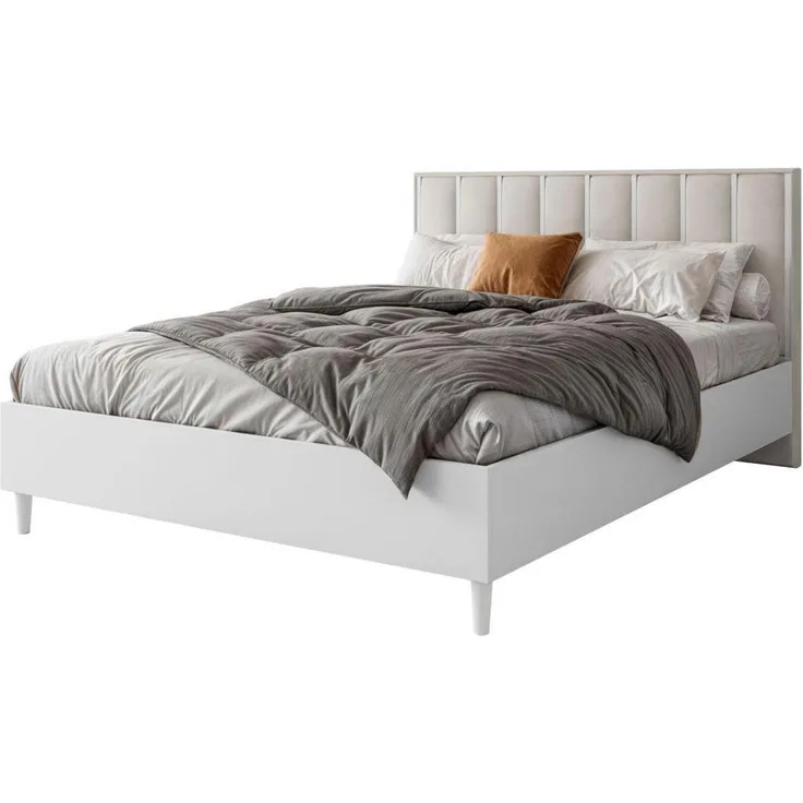 Beautysofa Polsterbett, 160x200 cm, Weiß-Beige, mit Bettzeugbehälter und gepolstertem Kopfteil, Schlafzimmermöbel