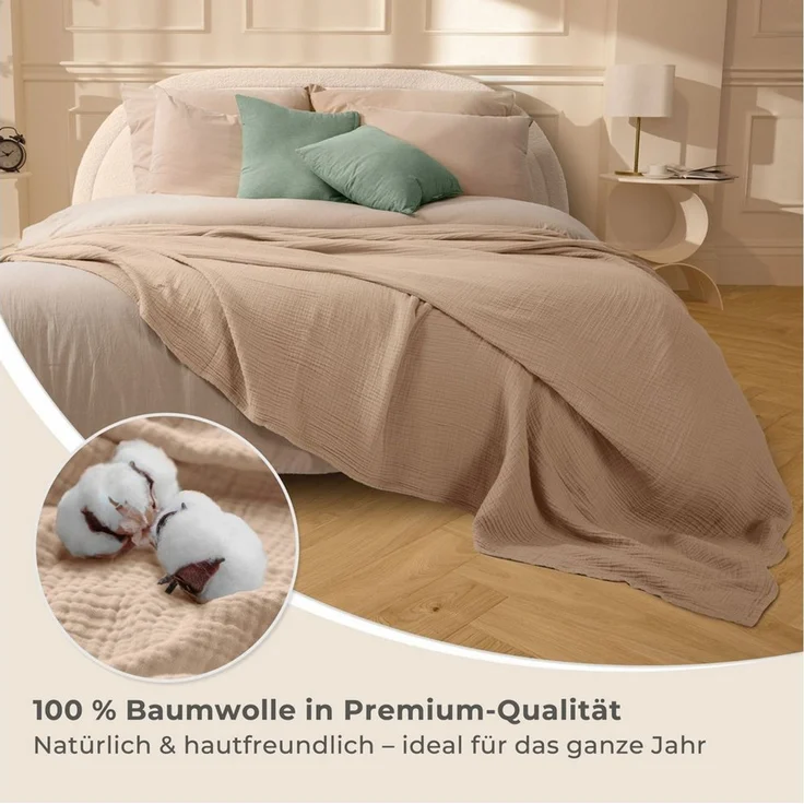 LAYNENBURG Premium Musselin Tagesdecke 150x200-100% Baumwolle - extraweiche Baumwolldecke als Kuscheldecke, Bett-Überwurf, Sofa-Überwurf, Couch-Überwurf - warme Sofa-Decke (beige-Sand) – Bild 4