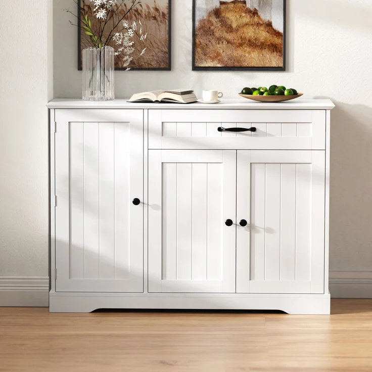Modernes, elegantes Sideboard mit 3 Türen und einer Schublade, Buffetschrank für Esszimmer, Wohnzimmer und Diele (Weiß) – Bild 1