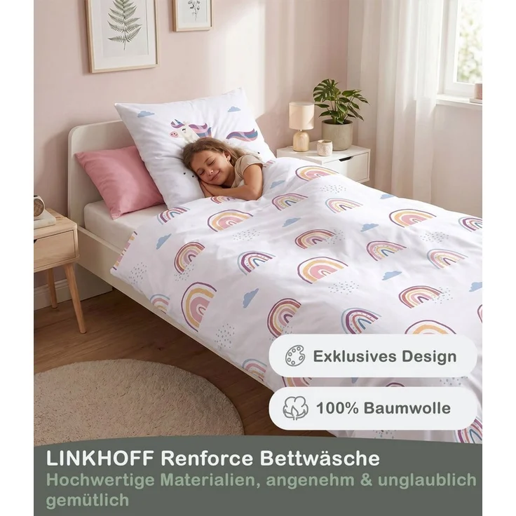 LINKHOFF Kinderbettwäsche Einhorn Bettwäsche 135x200 – 100% Baumwolle Mädchenbettwäsche, Unicorn Kinderbettwäsche 135x200 Regenbogen – Reißverschluss – Bild 3