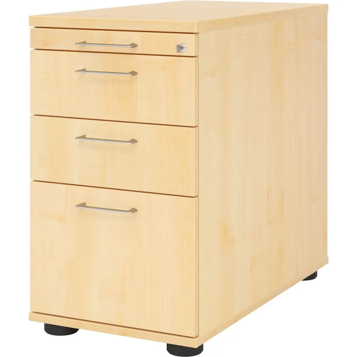 bümö Schreibtisch Schrank Büro mit Hängeregister für Hängeordner, Schubladenschrank Holz in Ahorn, Container mit Schubladen & Hängeregistratur - Schreibtisch Kommode mit Bügelgriffe, SC40-3-3-BS
