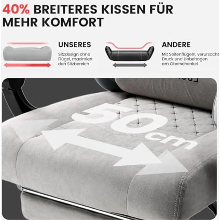 GTPLAYER Gaming Stuhl Stoff, Gaming Sessel mit Taschenfederkissen, ergonomischer Drehstuhl, Gamer Stuhl mit Fußstütze150 kg Belastbarkeit, grau – Bild 5
