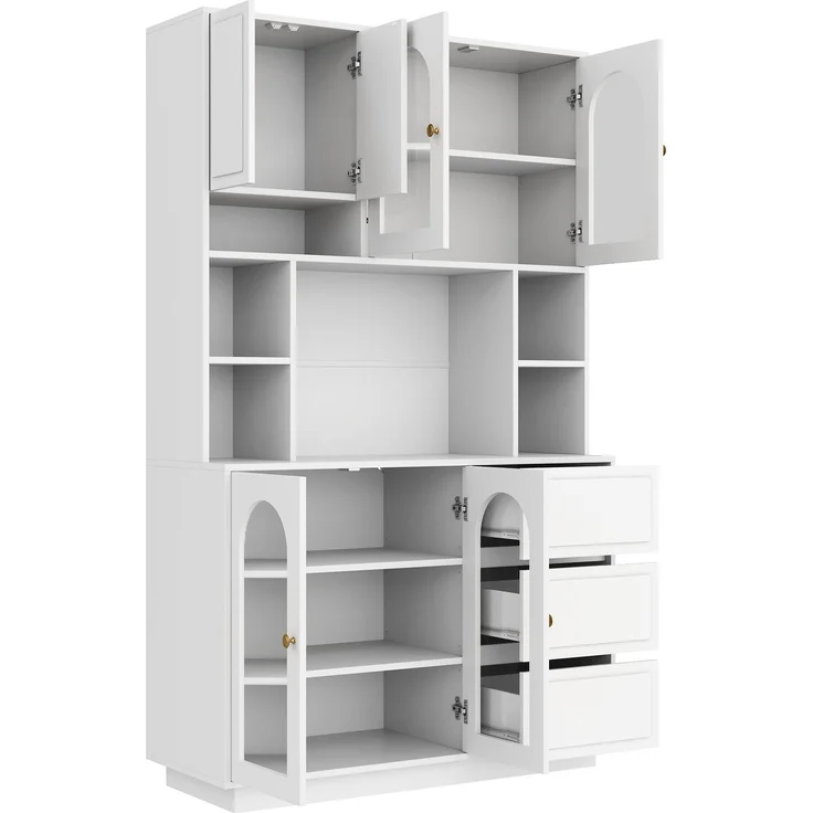 Merax Hoher Sideboard Schrank, Küchen Staurschrank mit Bogen-Acryltüren, Bar-Schrank mit offenen Fächern, Schrank mit APP-gesteuerter farbverstellbarer LED-Beleuchtung, Weiß – Bild 9