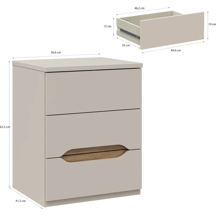 Nachtkommode >EDWAL< 3 Schübe, Sand / Mauvelle Eiche - 50,4x63,5x41,5cm (BxHxT) – Bild 6