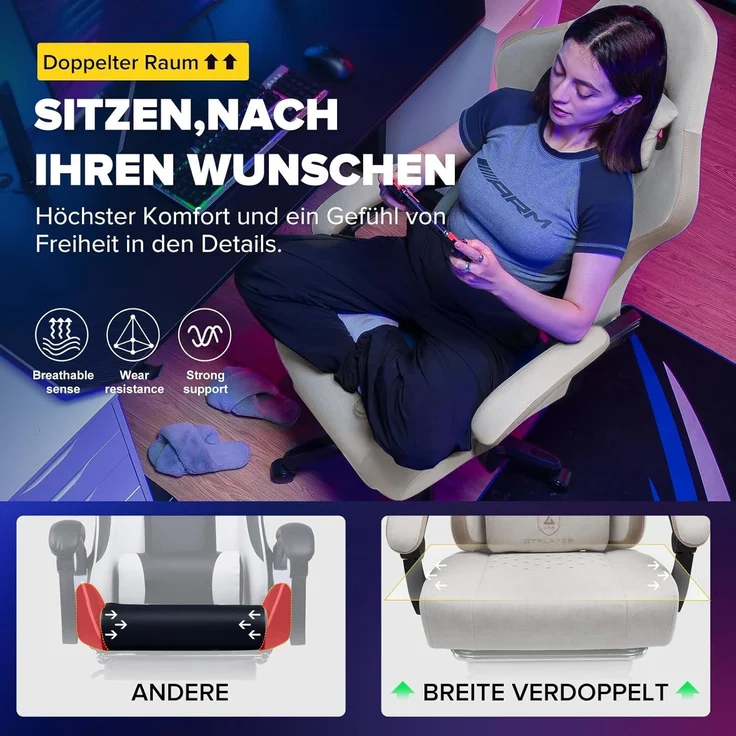 GTPLAYER Gaming-Stuhl Ergonomischer Gaming Sessel Schreibtischstuhl mit Stoffoberfläche (Pacekung), Federsitzkissen mit Fußstütze – Bild 3