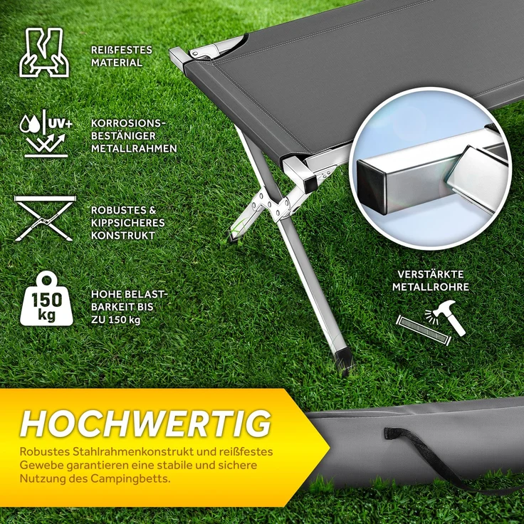 TRESKO XXL Campingbett Feldbett 190 x 64 x 44 cm Metallrohr - Belastbarkeit bis 150kg Grau – Bild 2