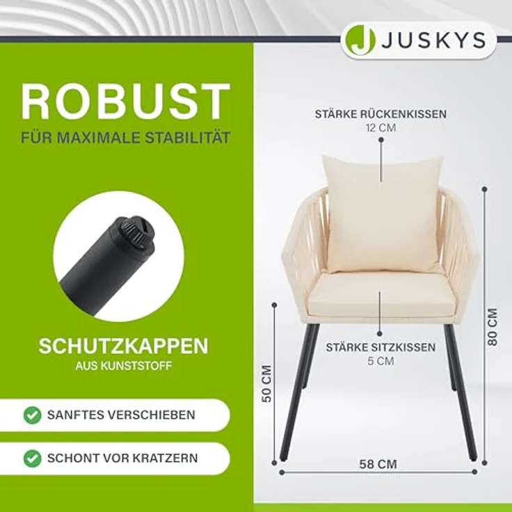 Juskys Rope Stühle 2er Set - Gartenstühle mit Seilgeflecht & Polster - wetterfester & bis 160 kg belastbar - Stahl mit Pulverbeschichtung - Beige – Bild 3