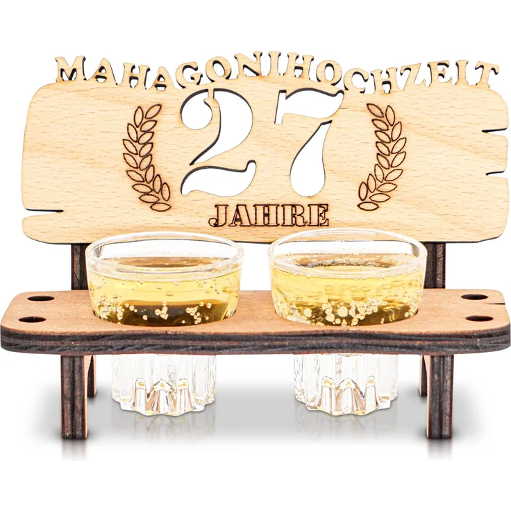 DARO Design - Schnapsbank 27. Hochzeitstag Mahagonihochzeit Geschenk Deko für Paare Männer Frauen aus Holz mit Gläsern