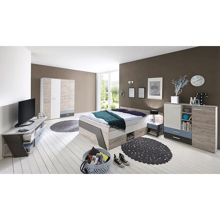 Jugendzimmer Set mit Bett 140x200 cm 5-teilig LEEDS-10 in Sandeiche Nb. mit weiß, Lava und Denim Blau