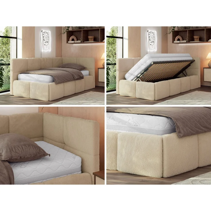 Jugendbett 90x200 ARVO Polsterbett mit Bettkasten, Stauraum & Gasdruckfeder, Modernes Design mit Kopfteil, Multipocket Matratze - Beige Plüsch - ELORI LUX - Rechts Seite – Bild 2