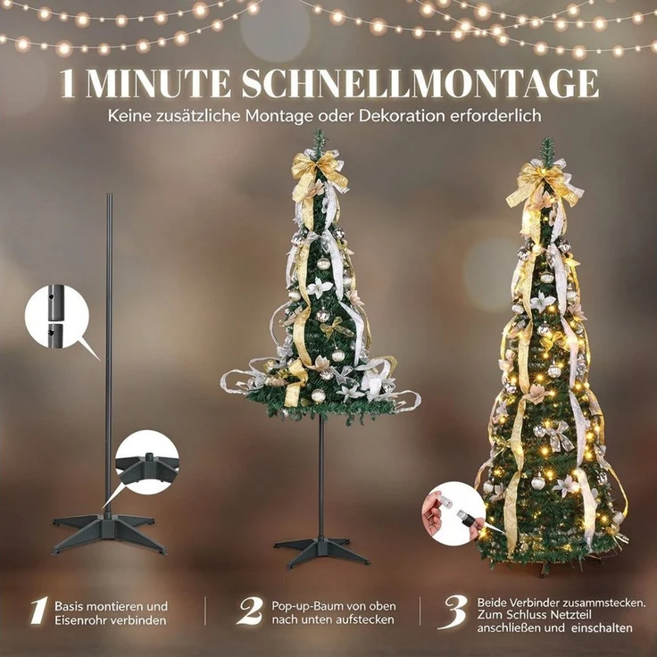 VINGLI Künstlicher Weihnachtsbaum mit Lichtern, Weihnachtsdeko mit Metallständer, für innen & Außen, Pop-Up Tannenbaum 180 cm – 150 Warmweiße LEDs mit 8 Modi – Bild 3
