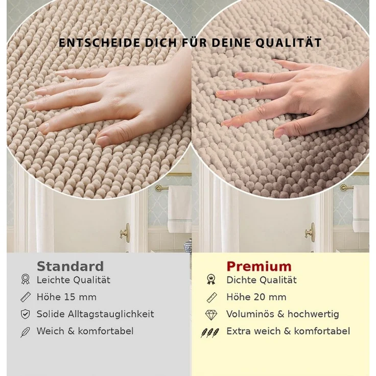OTTO home Badematte Vanessa Chenille, Standard & Premium, 15mm oder 20mm, auch als 2er Set, rutschhemmend beschichtet, schnell trocknend, strapazierfähig, fußbodenheizungsgeeignet, Polyester, rechteckig, 2-tlg. 45 cm x 50 cm, Uni Farben, besonders weic... – Bild 4