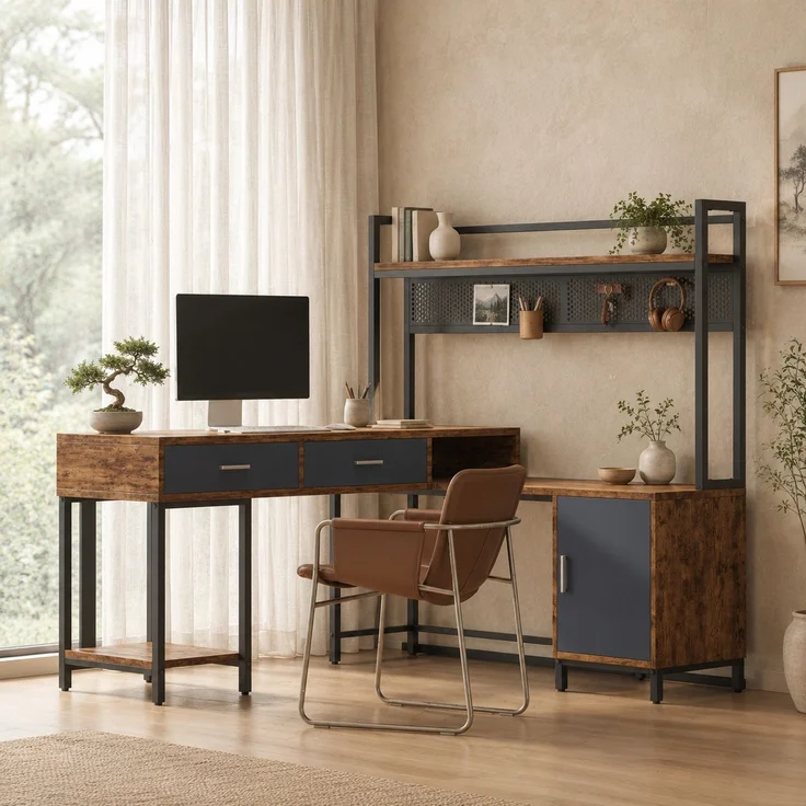 L-förmiger Schreibtisch 140x140x135 cm mit Stauraum, MDF und Metall – Bild 2