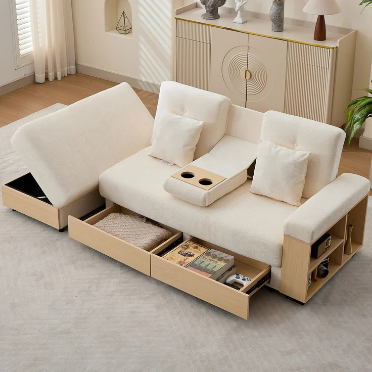 Merax Wohnlandschaft Sofa mit Stauraum, 3-fach verstellbarer Rückenlehne, Schlafsofa mit Schubladen, Chenille-Stoff, Getränkehalter & Stauraumhocker, Beige – Bild 2