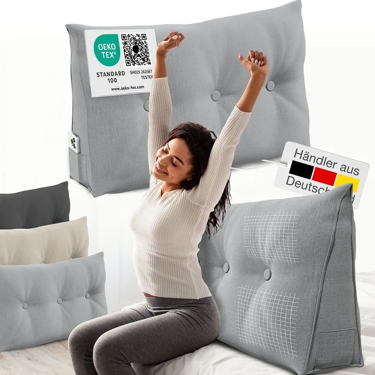 ELONEO Rückenkissen Bett- und Rückenstützkissen >Grau< 100cm