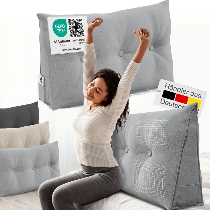 ELONEO Rückenkissen Bett- und Rückenstützkissen >Grau< 100cm – Bild 1