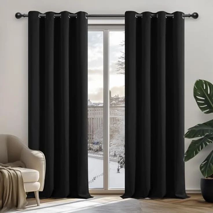 Deconovo Vorhang Verdunkelung Ösen Dicke Gardinen Schlafzimmer Verduklungsvorhang Ösen, 160x132 cm(HöhexBreite), Schwarz, 2er Set – Bild 2