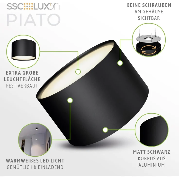 SSC-LUXon LED Aufbaustrahler PIATO LED Deckenspot schwarz rund flach 6W warmweiß 230V, Warmweiß – Bild 3